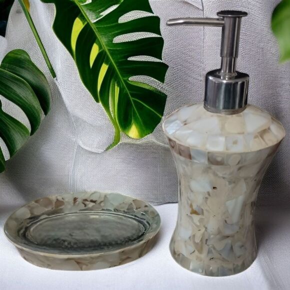 Capiz Shell Mosaic Soap Dispenser Set Of 2 Dish Mother Of Pearl Glass Bathroom.  - Picture 11 of 16